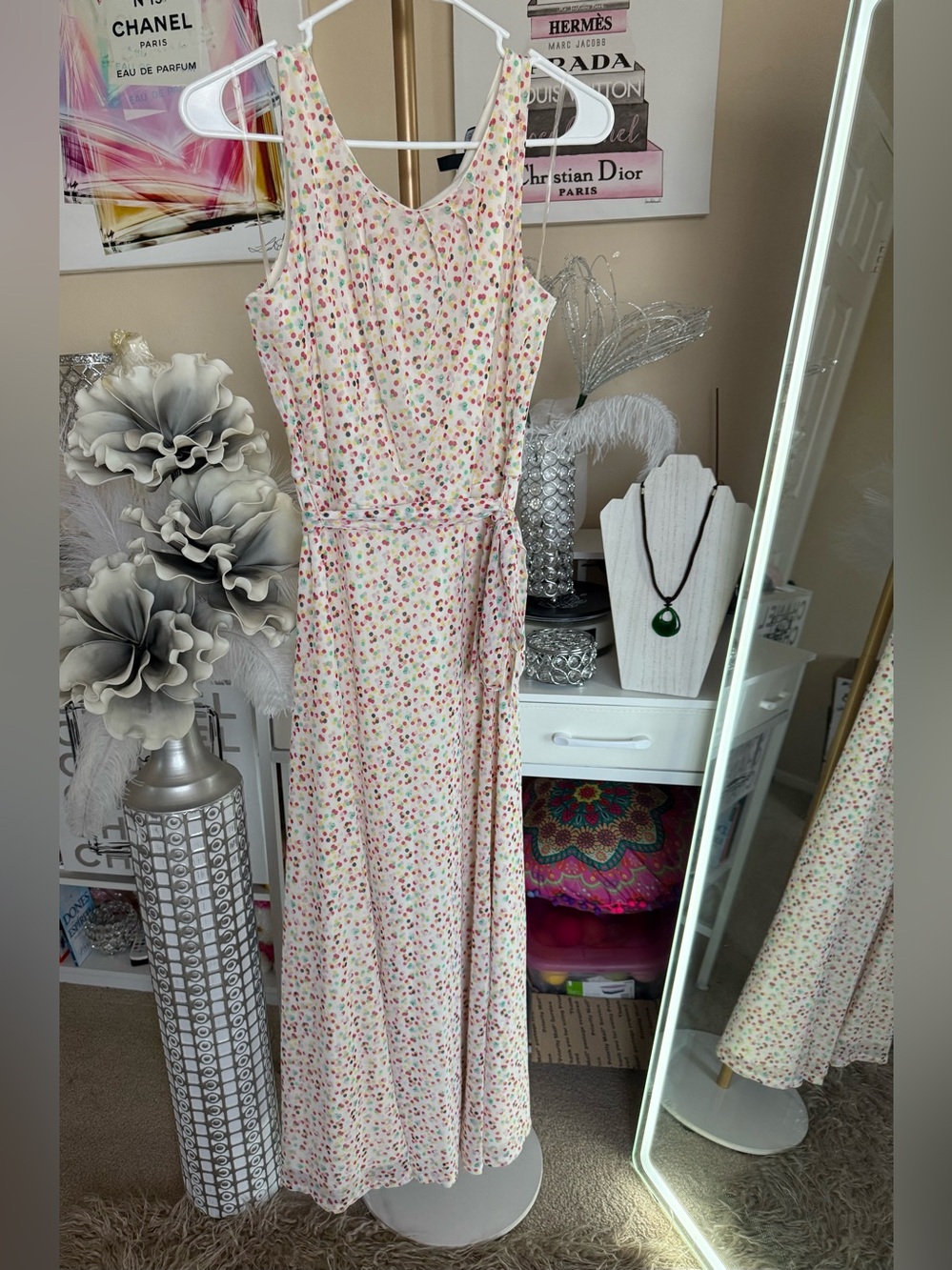 Sleeveless Cream Maxi Dress with Multicolor polka dots Print